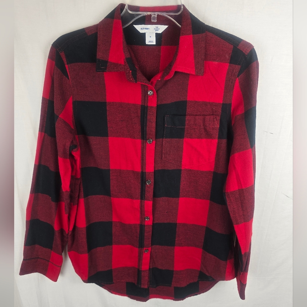 Old Navy The Classic Shirt Red and Black Plaid Long Sleeve Shirt Sz M - Picture 2 of 7
